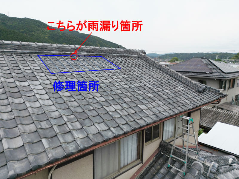 雨漏り箇所と補修範囲を示した瓦屋根の状況