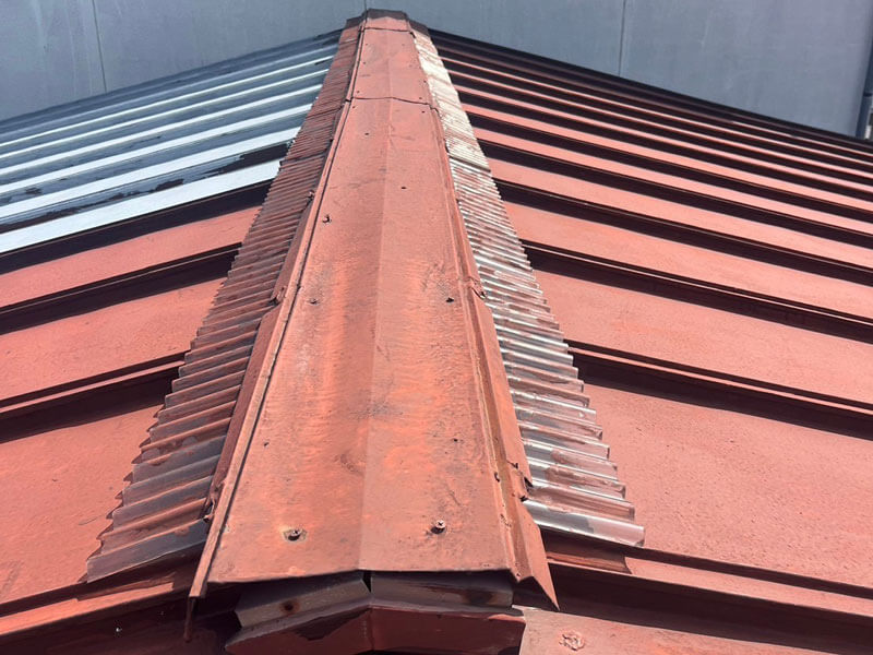 棟板金の浮きとビス穴からの雨水侵入状況