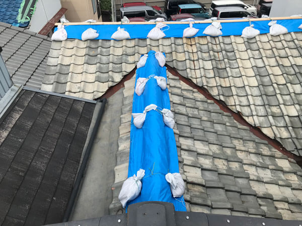 台風被害で棟瓦が飛散しブルーシート養生を行った屋根