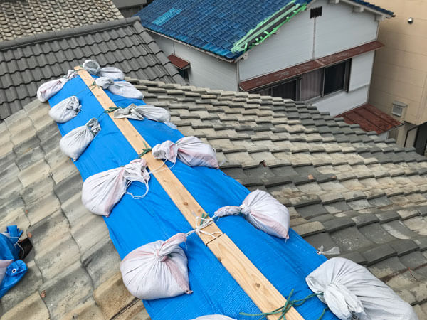 木材と土のうでブルーシートを固定した棟部分の養生