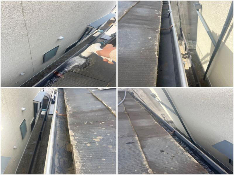 清掃後に排水機能が回復した雨樋の状態