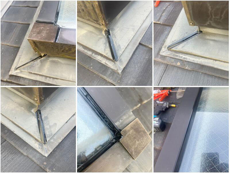 天窓ガラスと板金の取り合い部にコーキング施工を行った状態