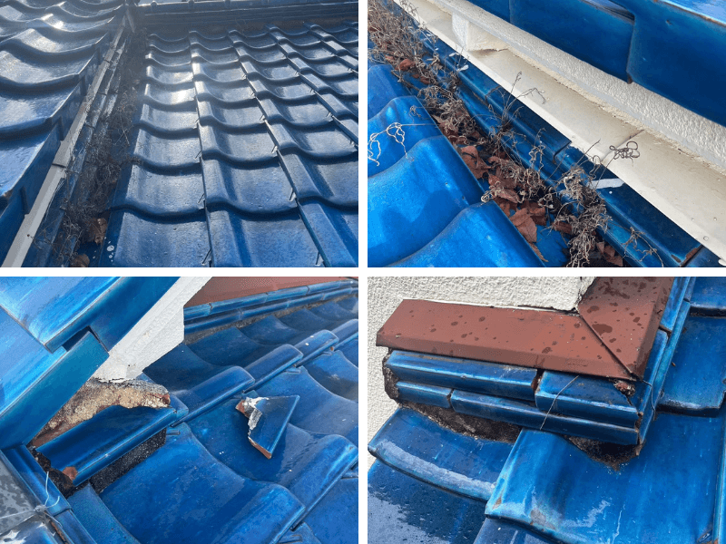 屋根に積もった落ち葉・雨樋詰まりの写真