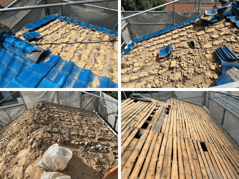 足場設置・既存瓦と葺き土撤去作業の写真