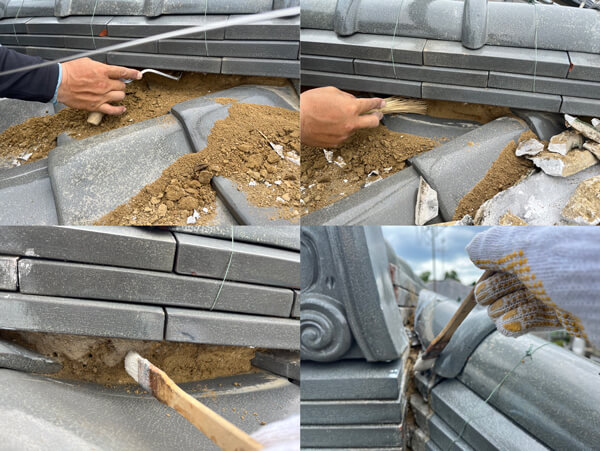 葺き土を調整しシーラーを塗布している下地処理の様子