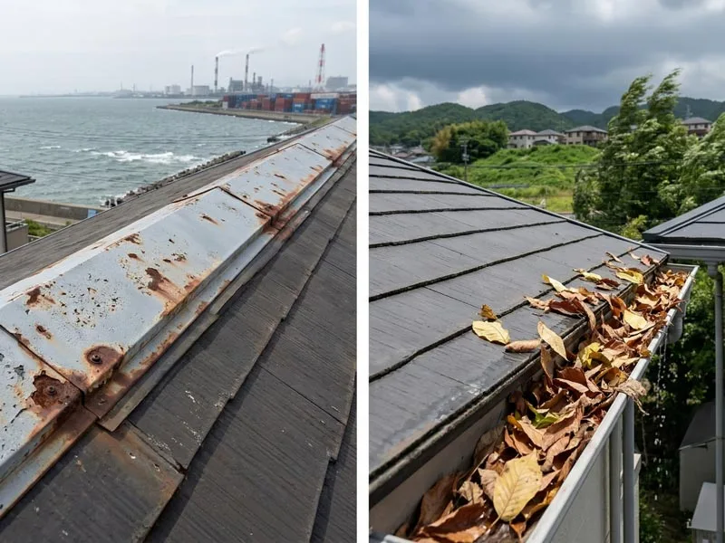 沿岸部の棟板金腐食と丘陵地の雨樋詰まりの事例