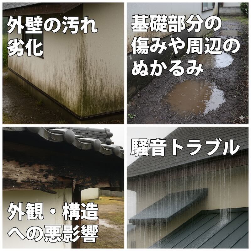 雨どいがない住宅で発生する被害をまとめた説明画像。