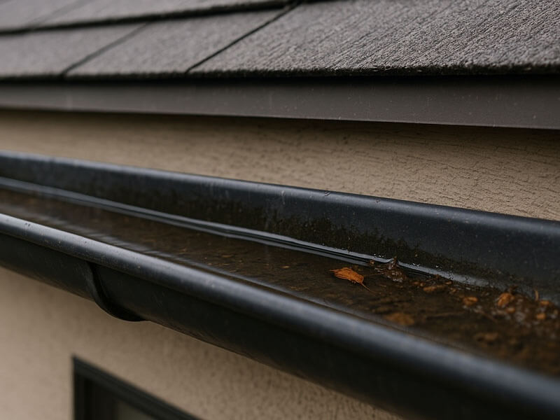 雨どいの勾配不良で雨水が停滞している様子。