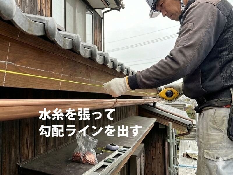 水糸を張って勾配ラインを出している様子の写真。