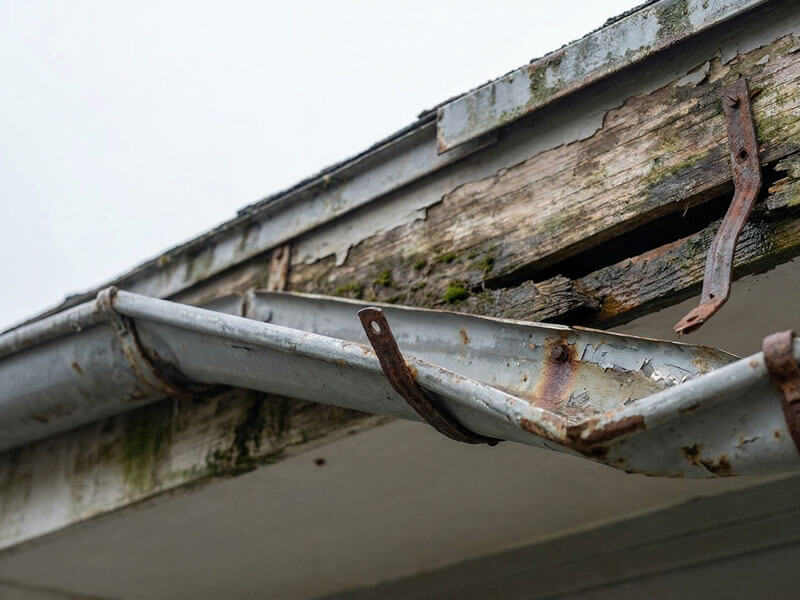 錆びて変形した雨どい金具と腐食した軒先木部の劣化状況。