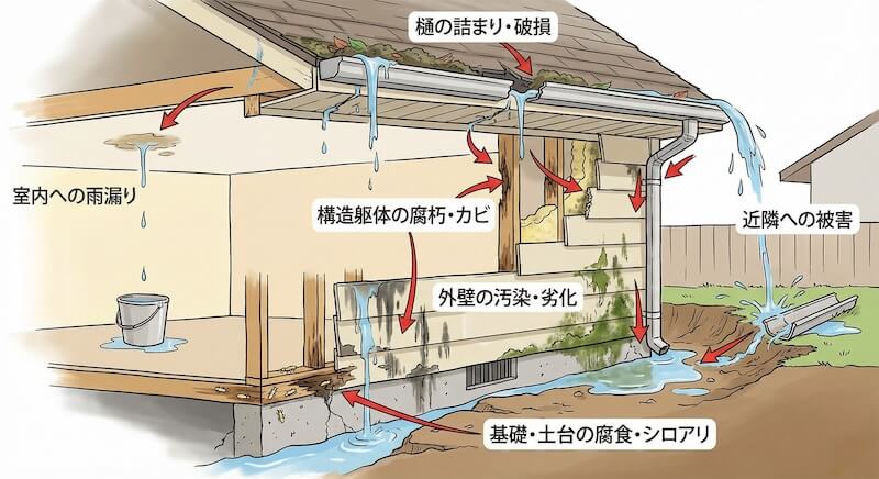 雨どいの詰まりや破損を放置した場合に起こる雨漏り、外壁汚染、基礎腐食、近隣被害などの二次被害を示す説明イラスト。