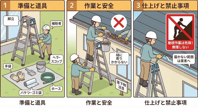 脚立を使った雨どい掃除の準備・作業・安全ポイントを説明したイラスト。