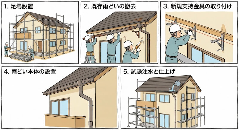 雨どい交換工事の手順を説明するイラスト