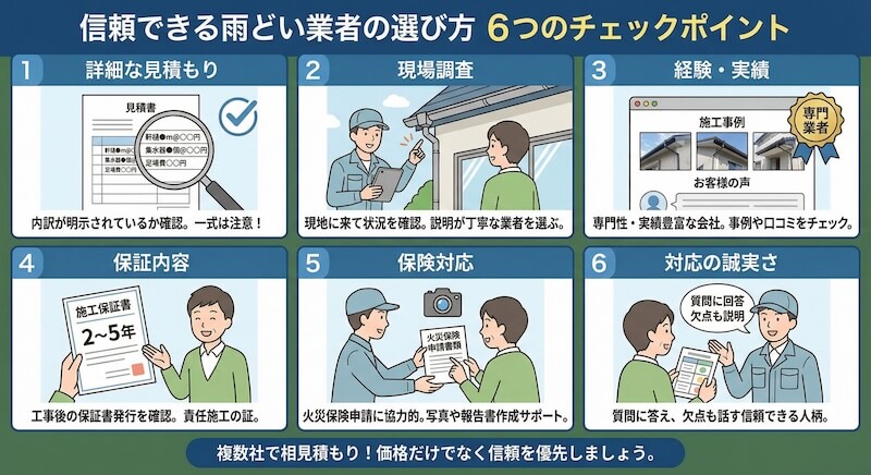 信頼できる雨どい業者を選ぶための6つのチェックポイントをまとめたイラスト