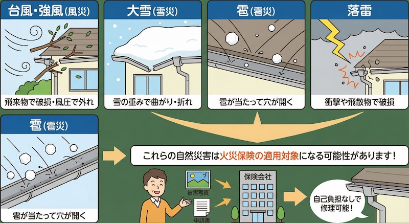 自然災害による雨どい被害の種類と、火災保険で修理できる可能性を説明するイラスト