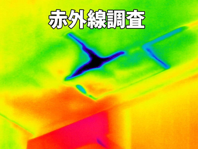 赤外線調査で雨漏りの浸水部を可視化したサーモグラフィ画像。