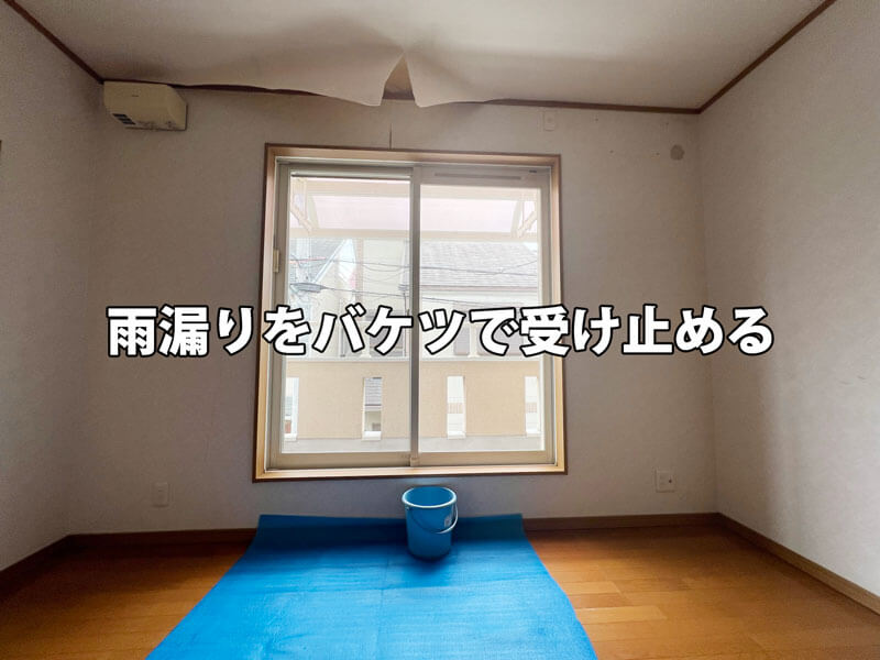 雨漏りをバケツで受け止める室内。