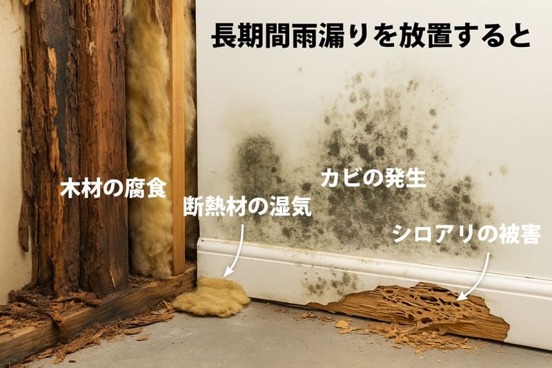 雨漏り放置による木材腐食・断熱材の湿気・カビ・シロアリ被害の室内写真。