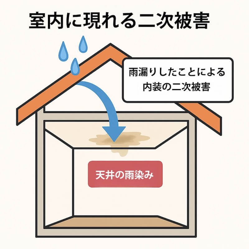 雨漏りによる天井の雨染みを示す二次被害イラスト。