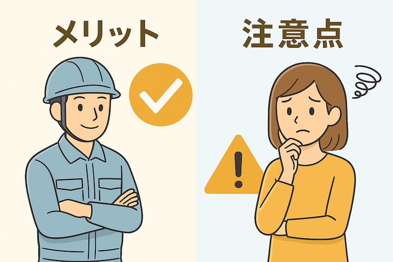 散水調査のメリットと注意点を対比して示したイラスト。