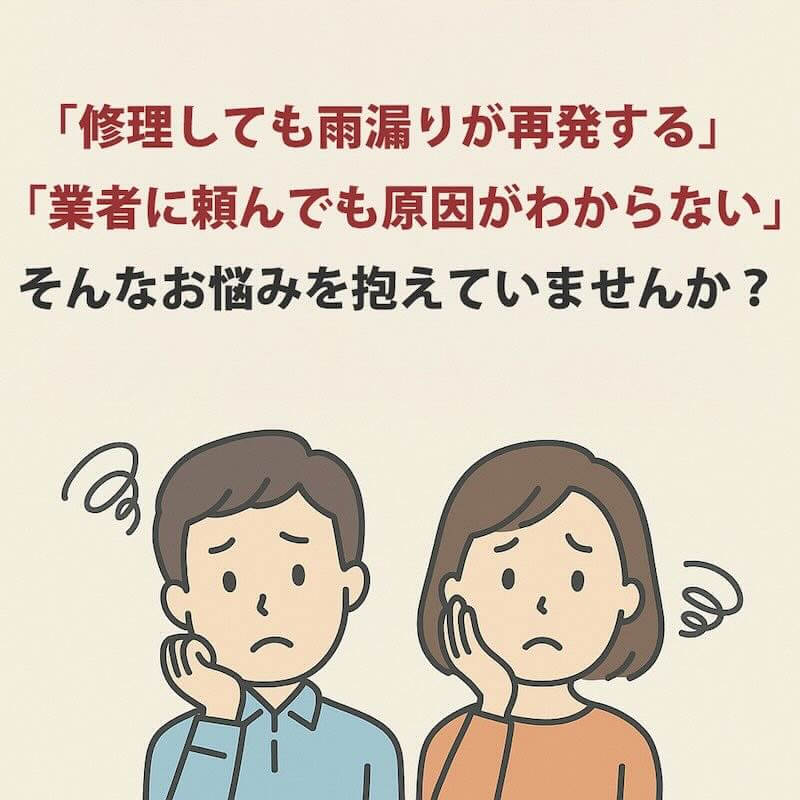 雨漏りの原因特定や再発防止に悩む人のイラスト。