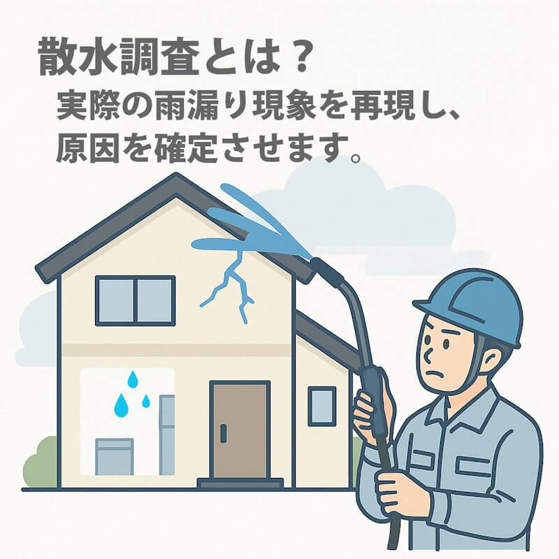雨漏りの再現調査を行う散水調査のイラスト。