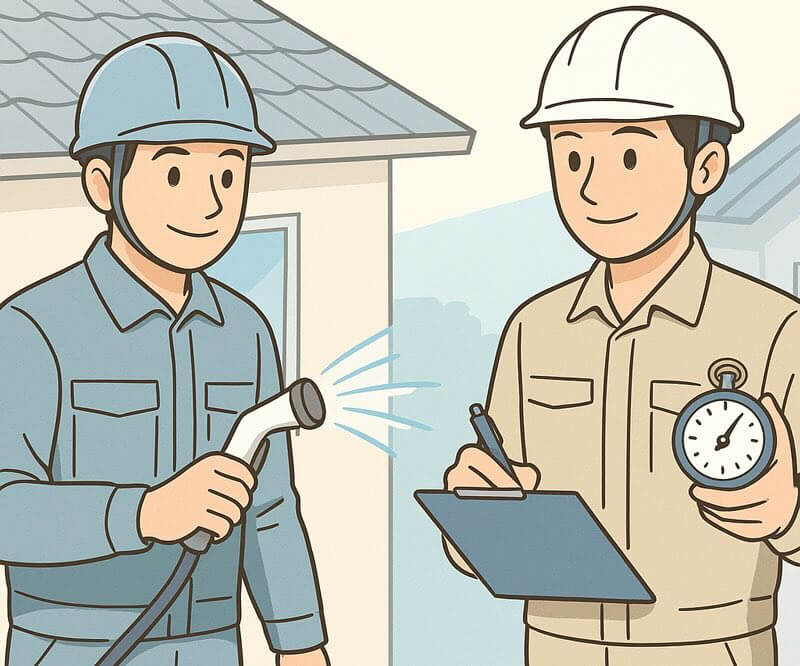 散水調査で外壁に水をかけ、時間を計測する作業員のイラスト。