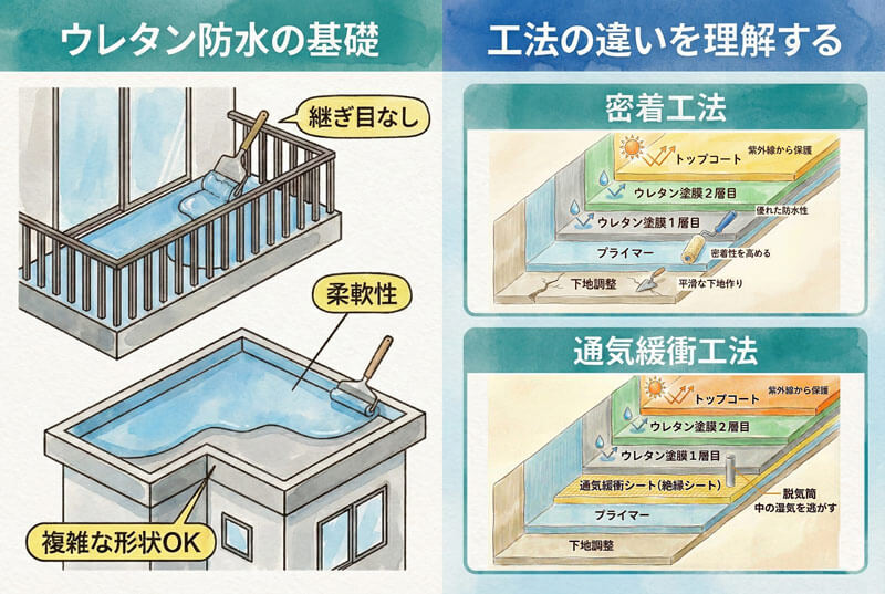 ウレタン防水の基礎と、密着工法・通気緩衝工法の構造の違いを説明するイラスト。
