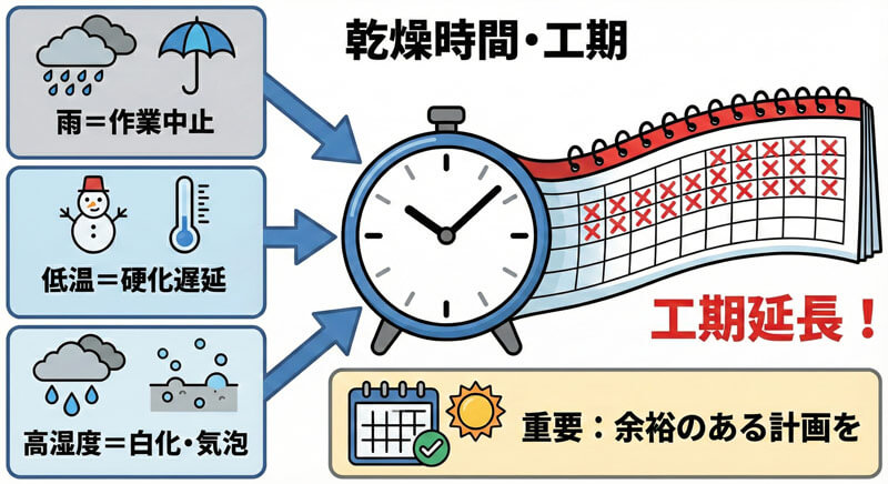 天候でウレタン防水の乾燥が遅れ工期が延長するイラスト。