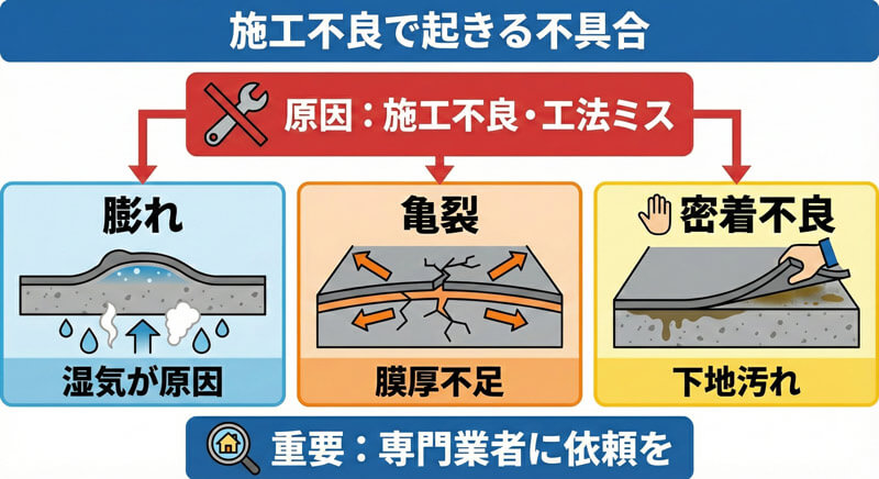ウレタン防水で起きる膨れ・亀裂・密着不良の図。