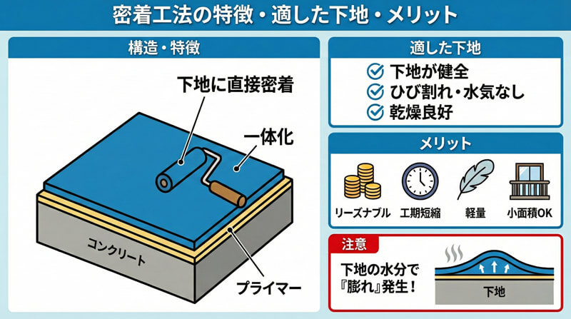 密着工法の特徴と下地条件、膨れリスクを示す図。