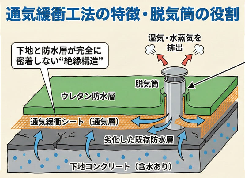 通気緩衝工法の構造と、脱気筒が下地の湿気・水蒸気を排出する役割を示したイラスト。