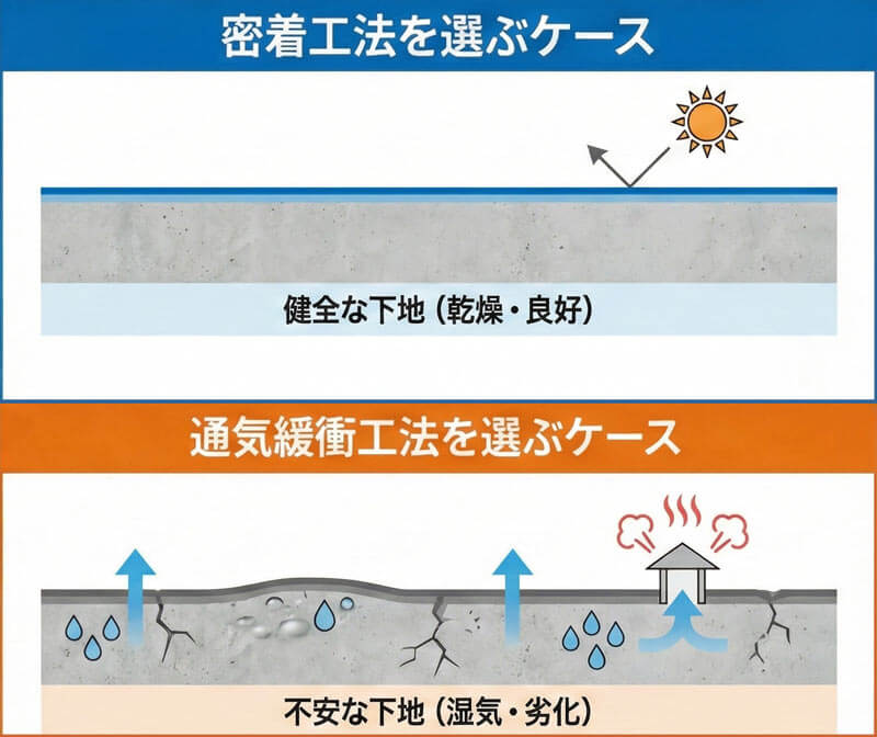健全な下地は密着工法、不安定で湿気や劣化がある下地は通気緩衝工法を選ぶべきことを示すイラスト。