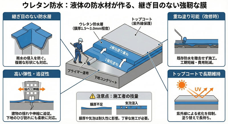 ウレタン防水の継ぎ目のない膜、弾性、重ね塗り改修、トップコートの耐久性を示した図解。