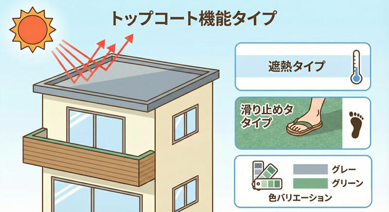 トップコートの遮熱タイプ・滑り止めタイプ・色バリエーションなどの機能種類を示したイラスト。