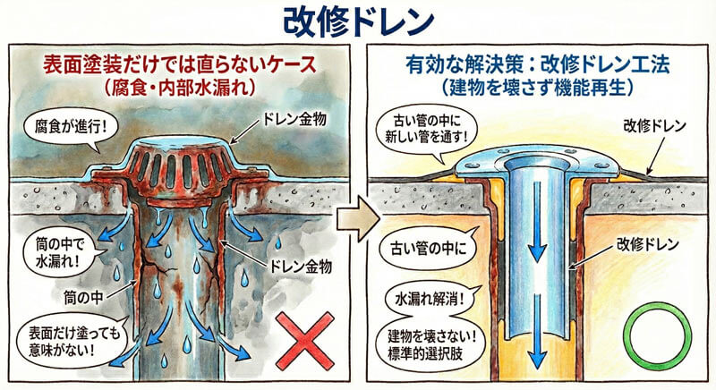 改修ドレン工法の比較図。表面防水では改善しないドレン内部の水漏れと正しい対策