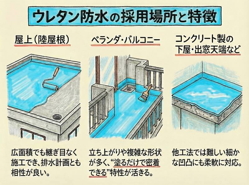 ウレタン防水が屋上、ベランダ、下屋などで使われ、継ぎ目のない膜で複雑な形状にも対応できる特徴を示した図。