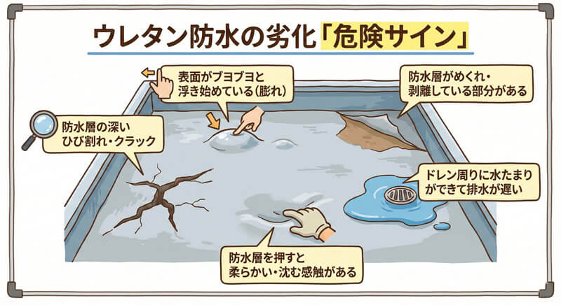 ウレタン防水の劣化症状一覧。膨れやクラック、排水不良などの危険サイン