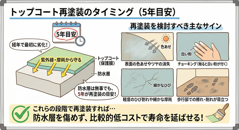 トップコートは5年目安で再塗装し、色あせ・チョーキング・軽度のひび割れや摩耗がサインとなることを説明した図。