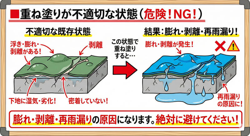 下地に湿気や劣化があり既存防水が密着していない状態で重ね塗りすると、膨れ・剥離・再雨漏りが発生することを示す図。