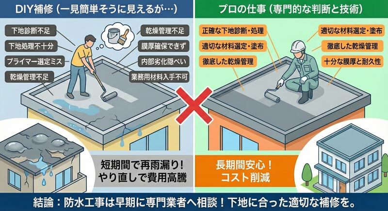 DIY補修とプロ施工の違いを比較した図。