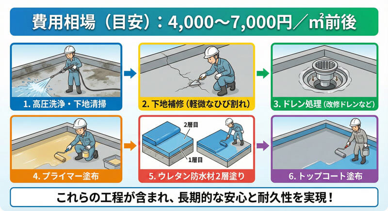 ウレタン防水工事の基本工程を図解したイラスト。下地処理から防水材2層塗り、トップコート塗布までの流れと費用相場を解説。