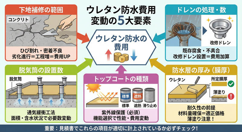 ウレタン防水の費用が変動する主な要因（下地補修範囲、ドレン処理・数、脱気筒の設置数、トップコートの種類、防水層の厚み）を整理した図解。