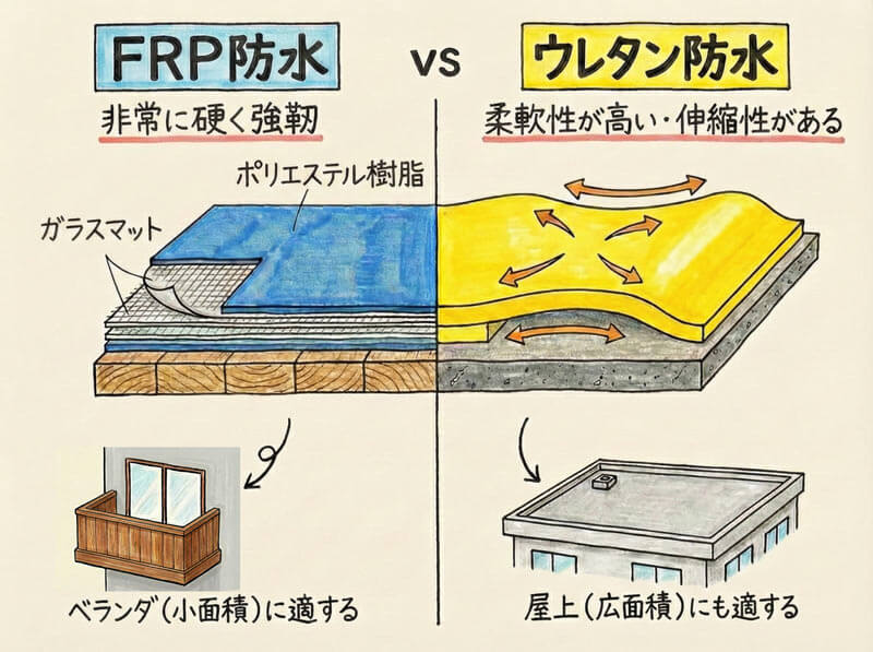 FRP防水は硬く強靭でベランダ向き、ウレタン防水は柔軟で屋上など広面積にも適することを示した比較図。