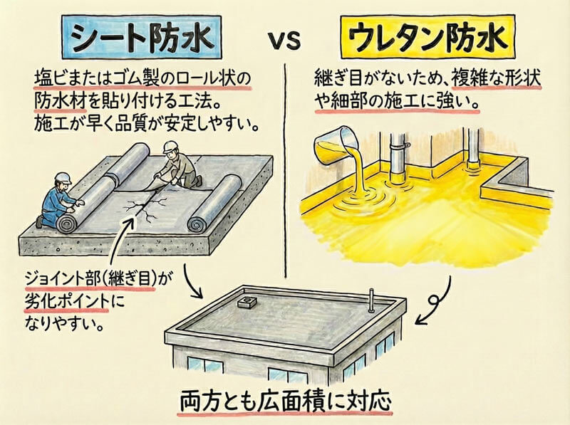 シート防水はジョイント部が弱点、ウレタン防水は継ぎ目がなく複雑形状に強いことを示した比較図。