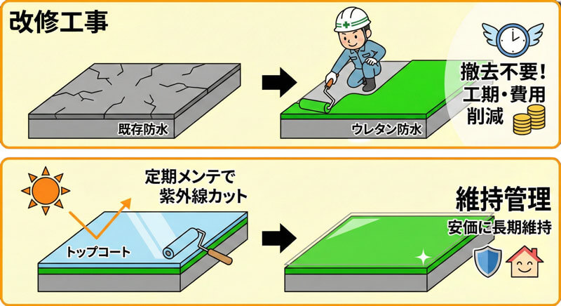 既存防水に重ね塗りできるウレタン防水と、トップコートで長期維持するイラスト。