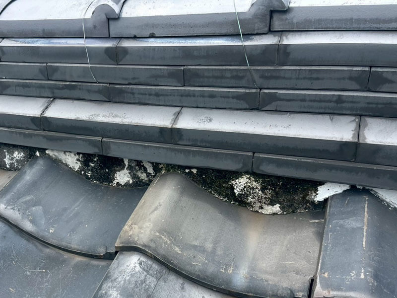 棟部分の漆喰が剥がれ葺き土が露出している瓦屋根の様子。